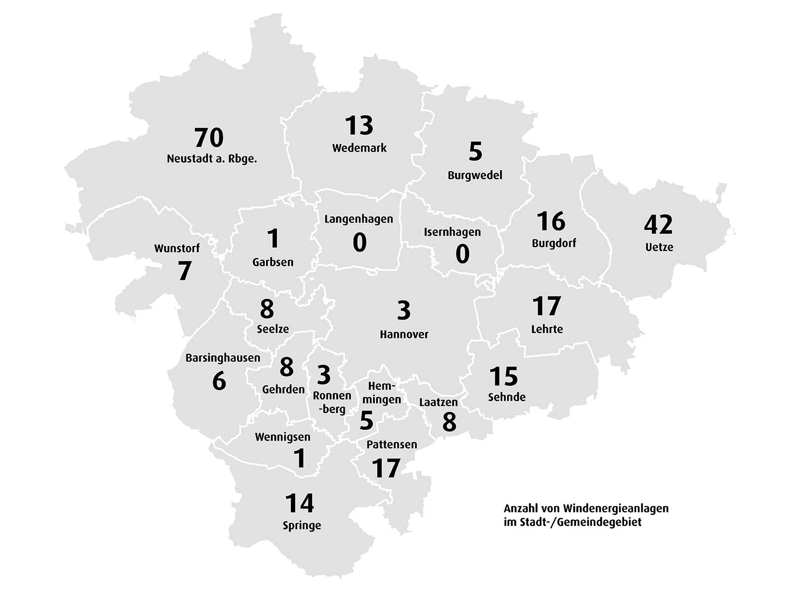 Schematische Karte der Kommunen der Region Hannover  auf der die Anzahl der Windenergie-Anlagen pro Kommune eingetragen ist